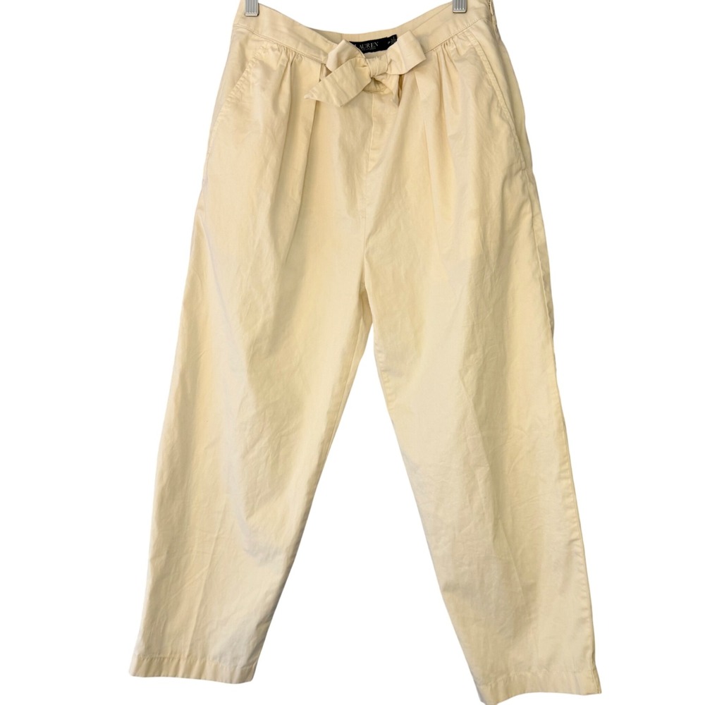 Lauren Ralph Lauren Cropped Pants‎ Women's 2P Paperbag Waist Cream White Cotton